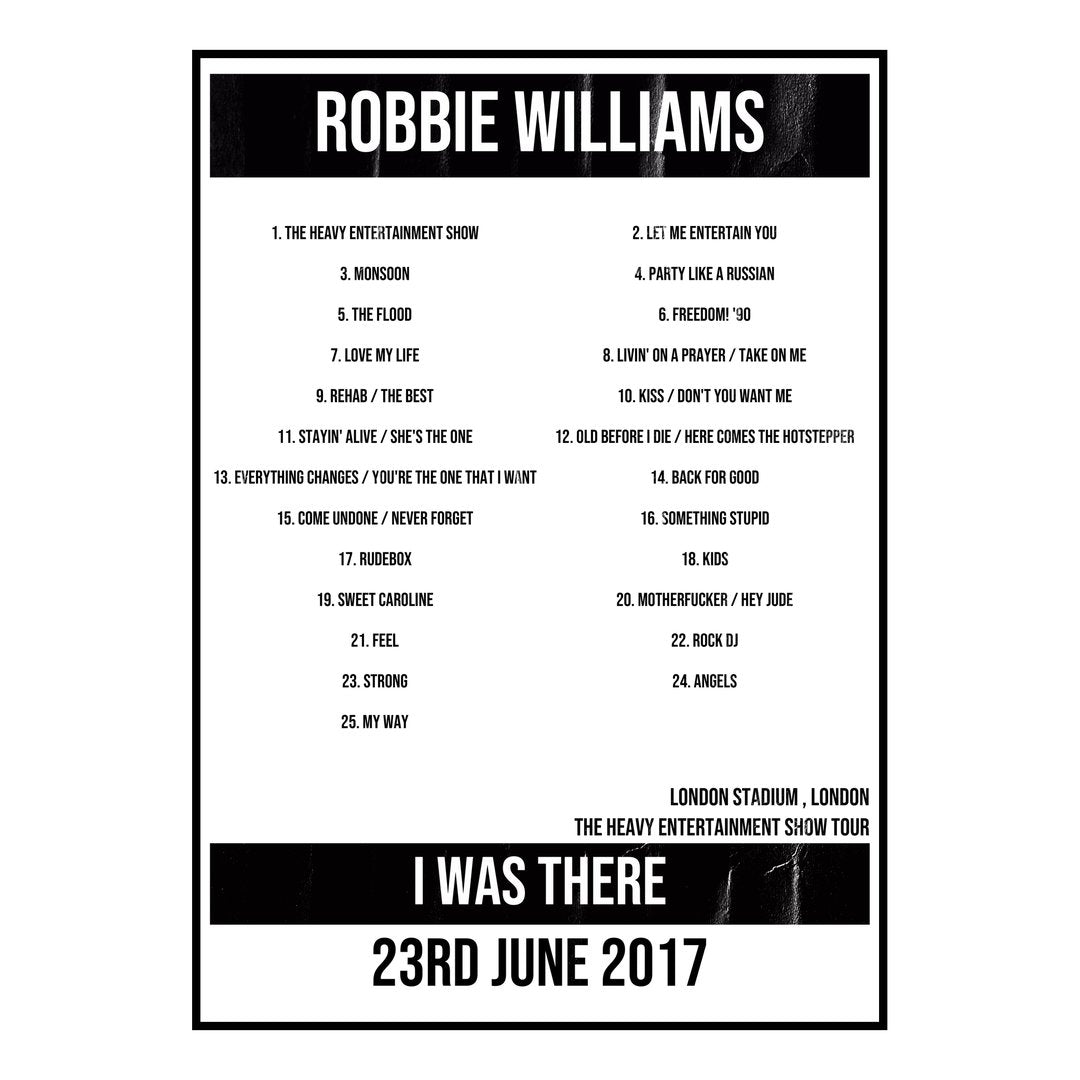 Robbie Williams London 23rd June 2017 Setlist poster