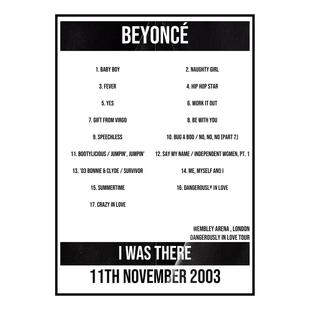 Beyoncé London 11th November 2003 Setlist poster