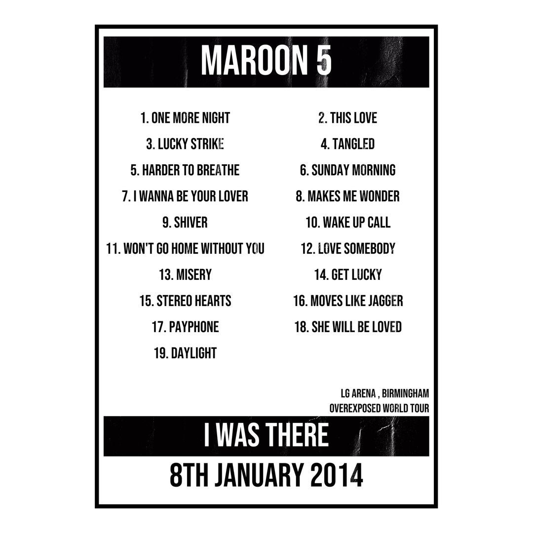 Maroon 5 Birmingham 8th January 2014 Setlist poster