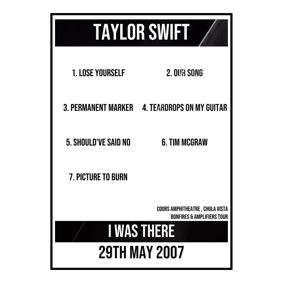 Taylor Swift Chula Vista 29th May 2007 Setlist poster