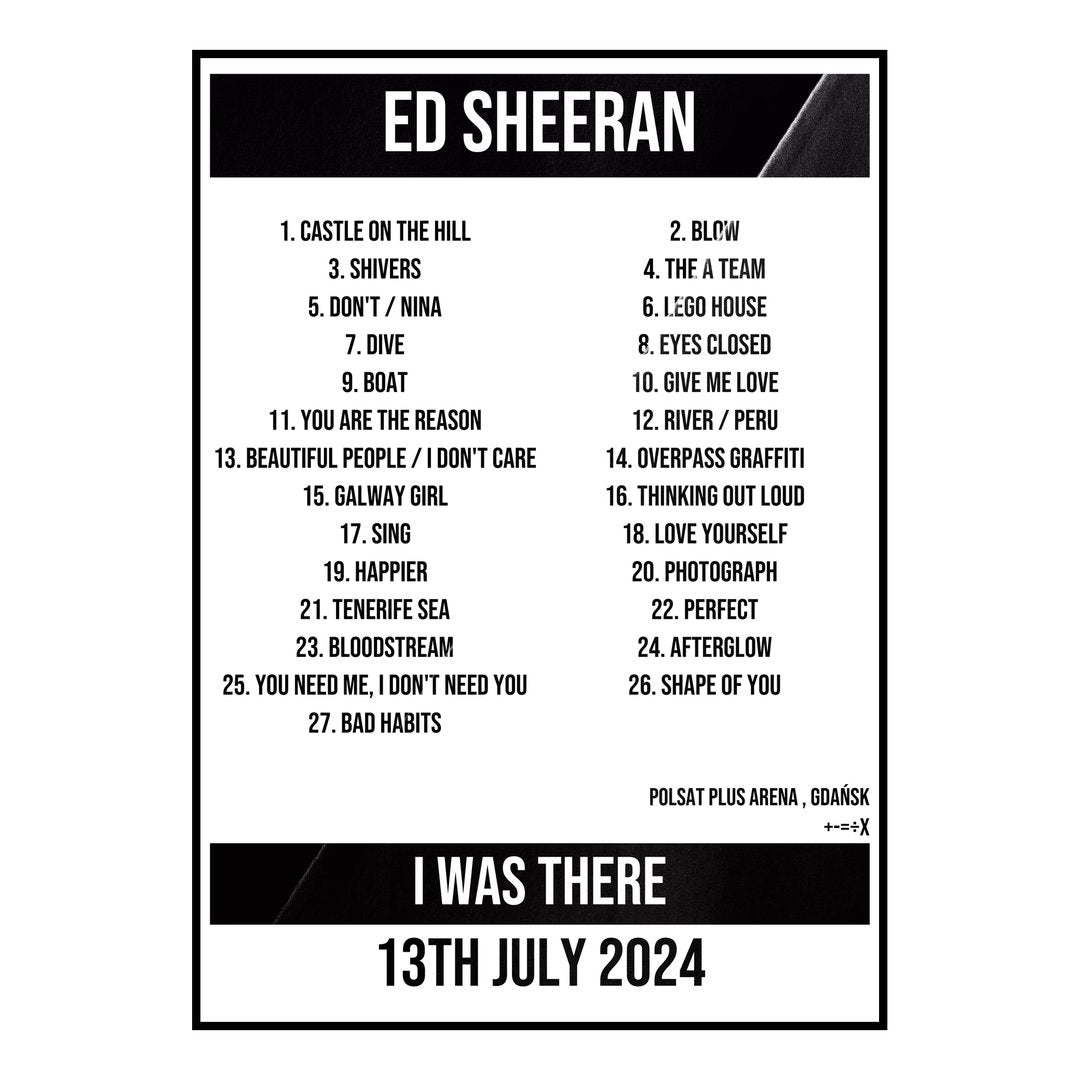 Ed Sheeran Gdańsk 13th July 2024 Setlist poster