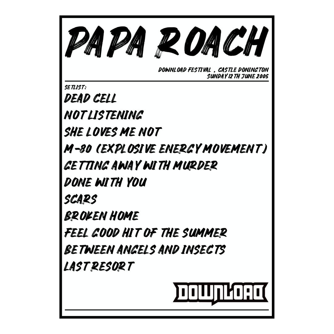 Papa Roach Castle Donington 12th June 2005 Setlist poster