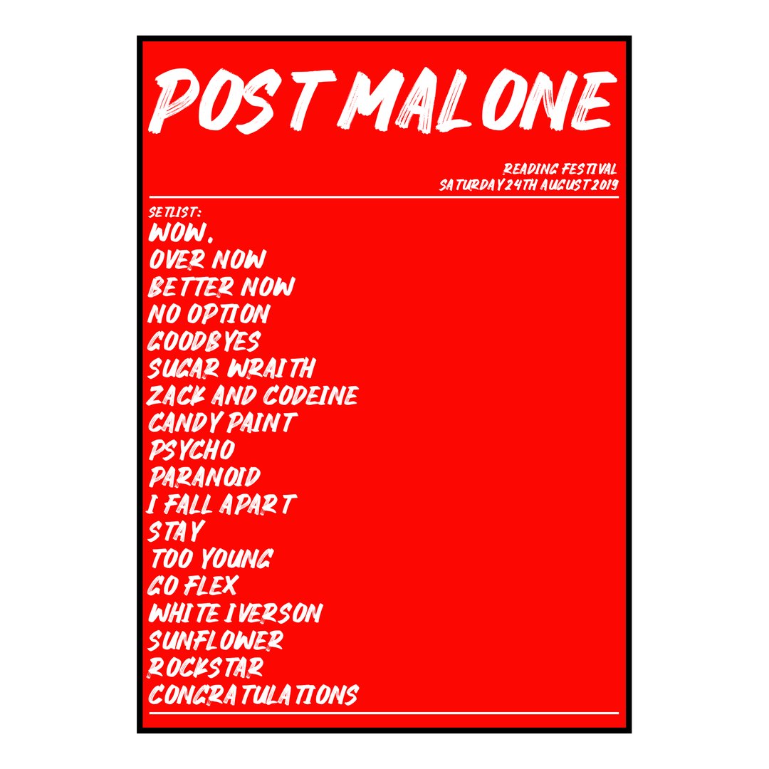 Post Malone Reading 24th August 2019 Setlist poster