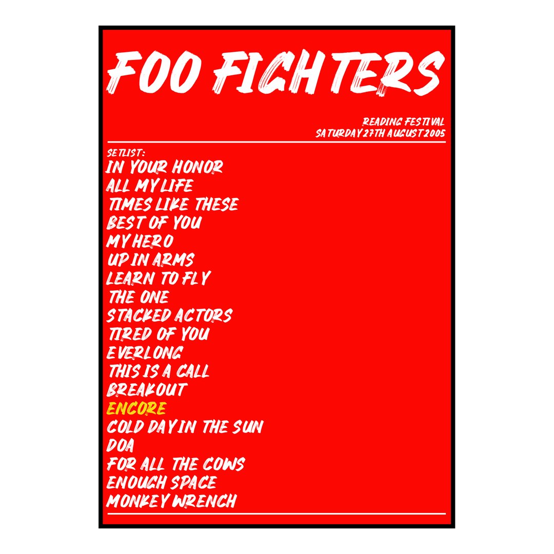 Foo Fighters Reading 27th August 2005 Setlist poster