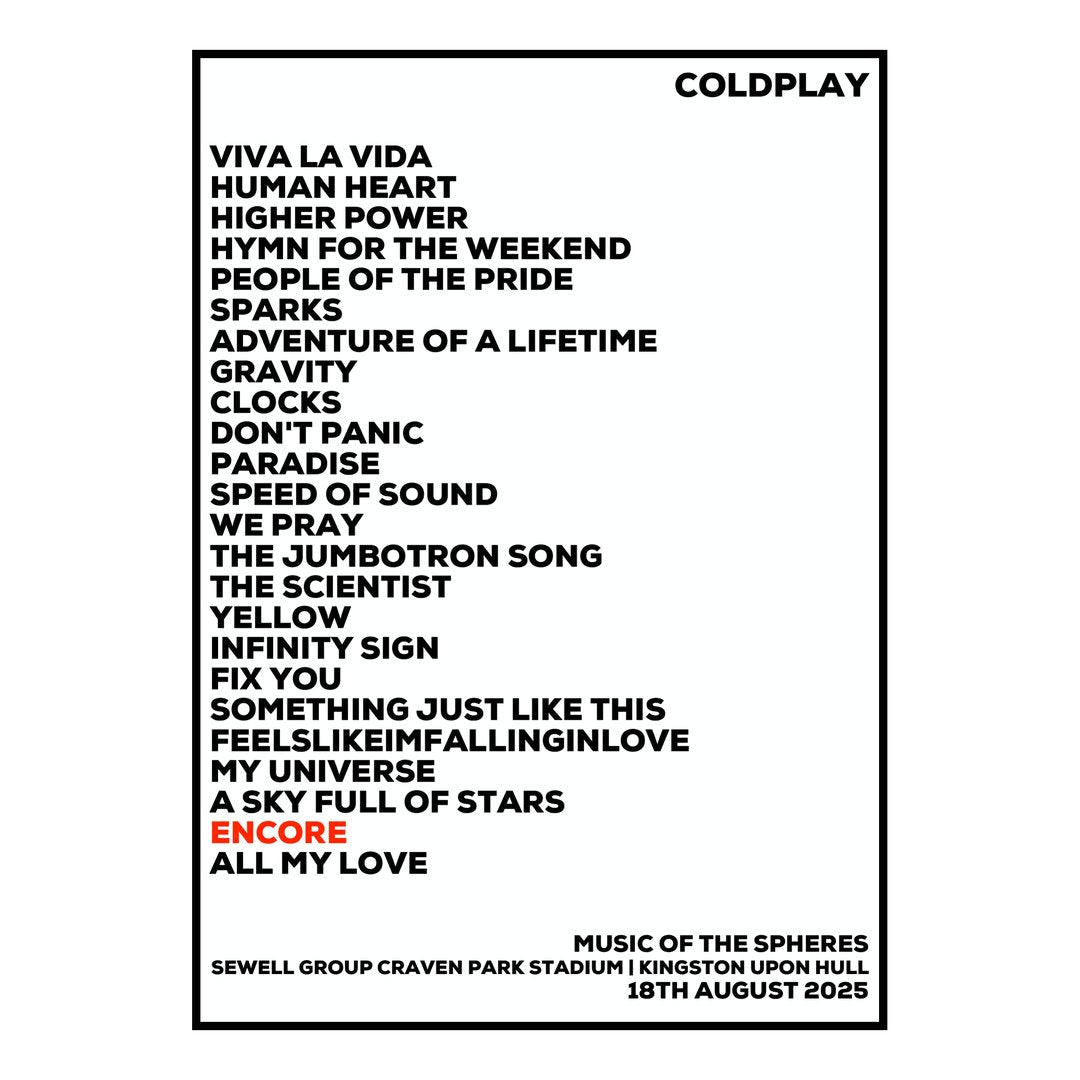 A Setlist Poster Featuring Coldplay Gig from Kingston upon Hull in 2025