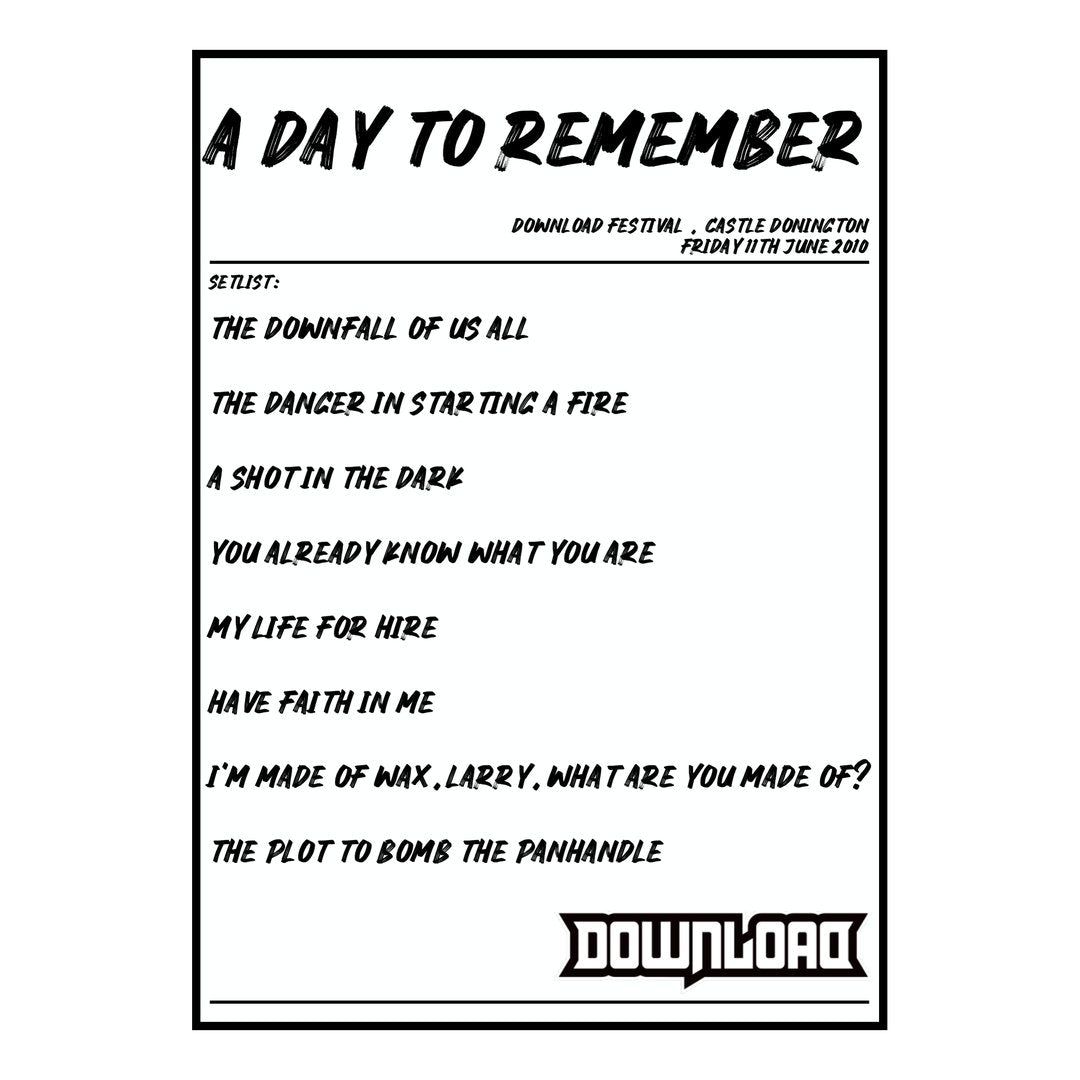 A Day to Remember Castle Donington 11th June 2010 Setlist poster