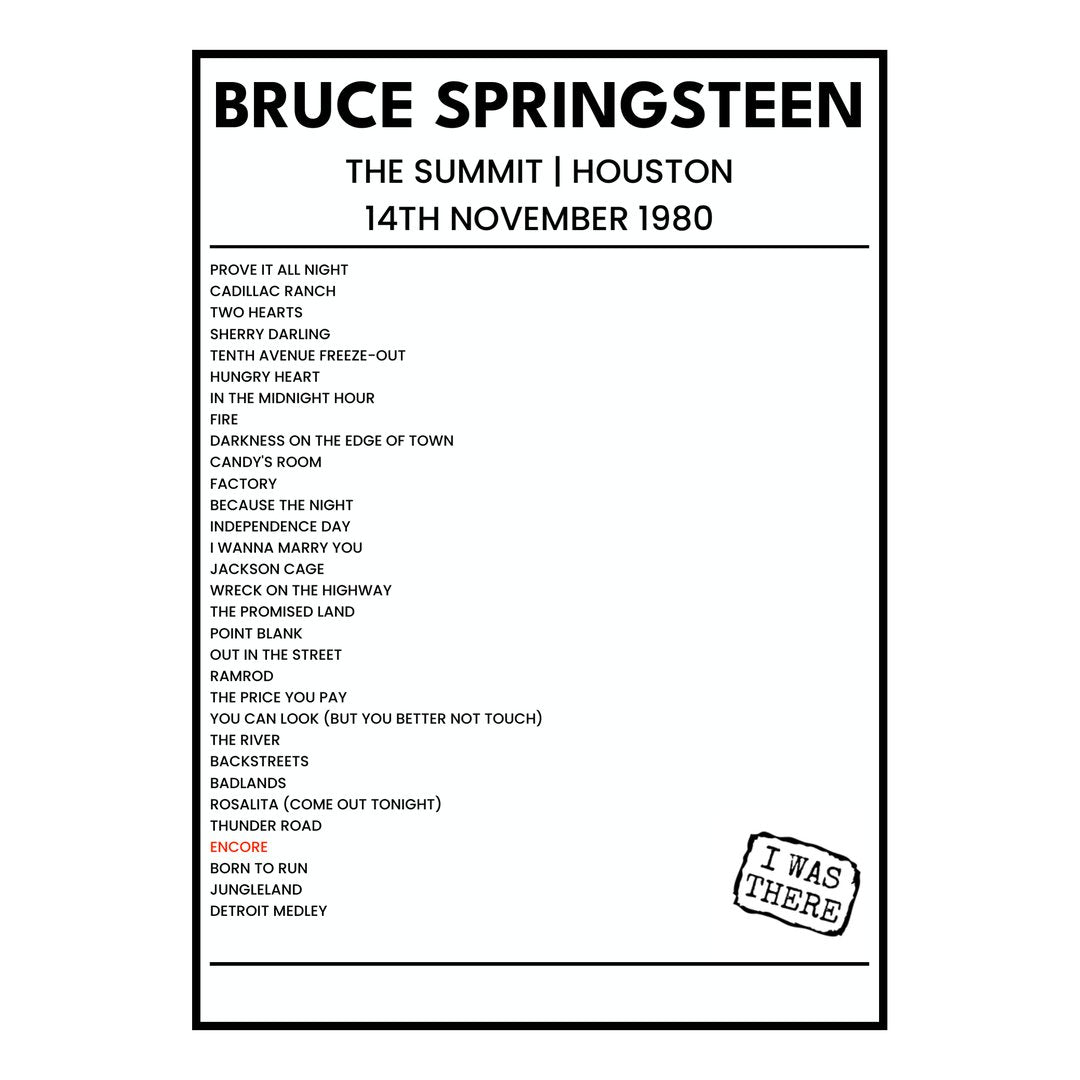 Bruce Springsteen Houston 14th November 1980 Setlist poster