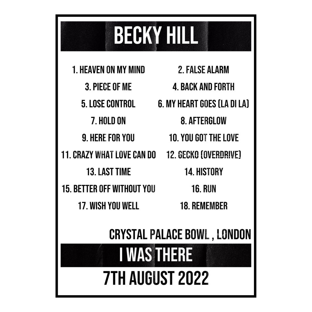 Becky Hill London 7th August 2022 Setlist poster