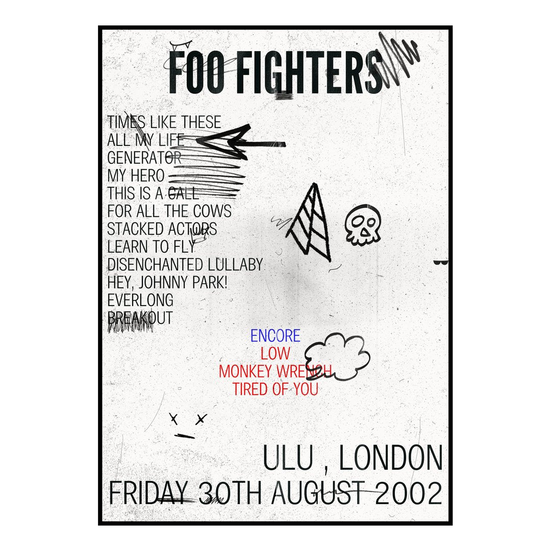 Foo Fighters London 30th August 2002 Setlist poster