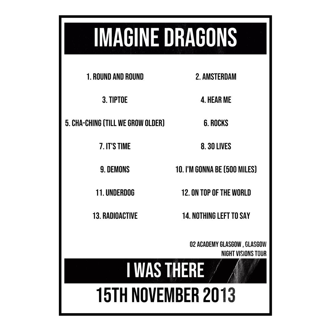 Imagine Dragons Glasgow 15th November 2013 Setlist poster