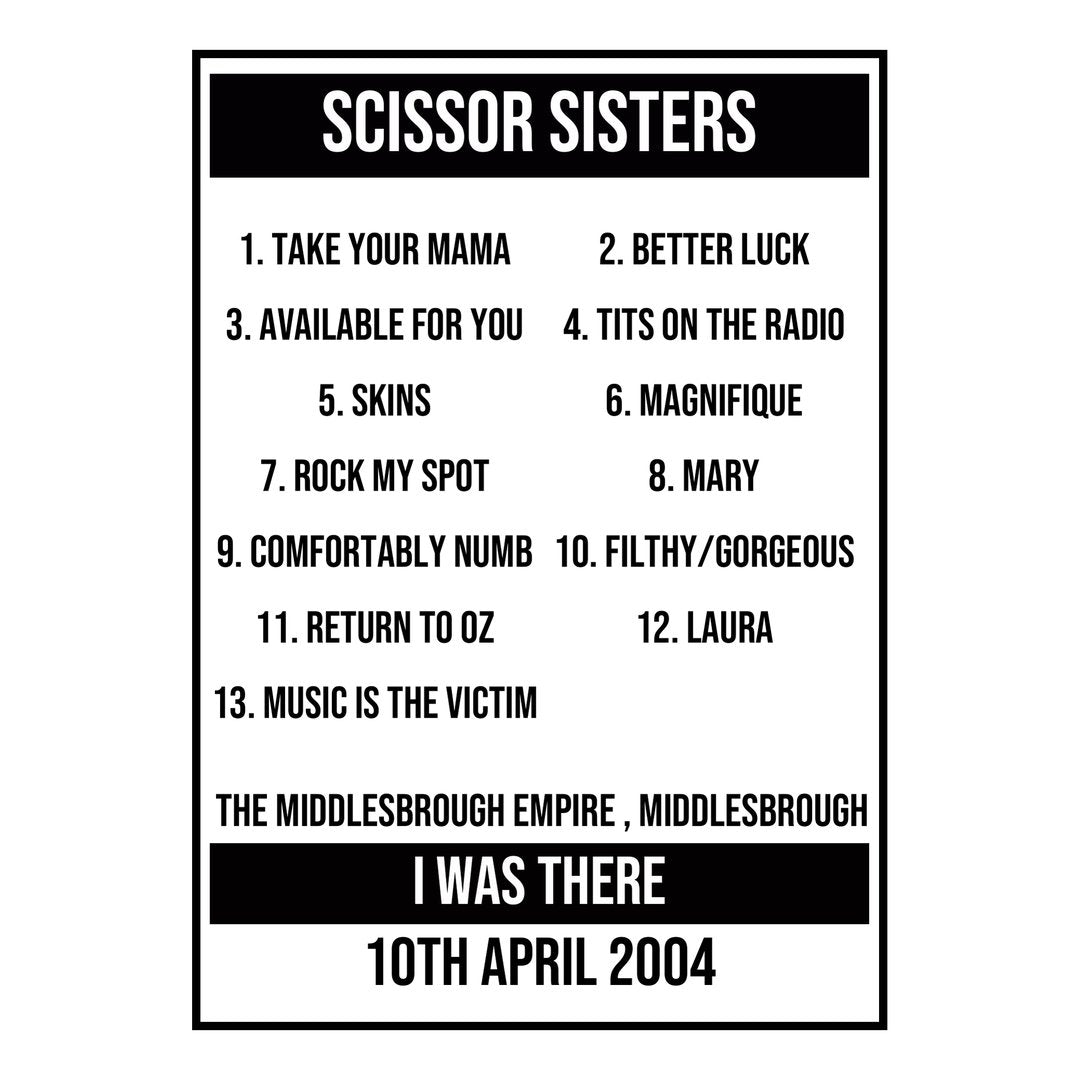 A Setlist Poster Featuring Scissor Sisters Gig from Middlesbrough in 2004