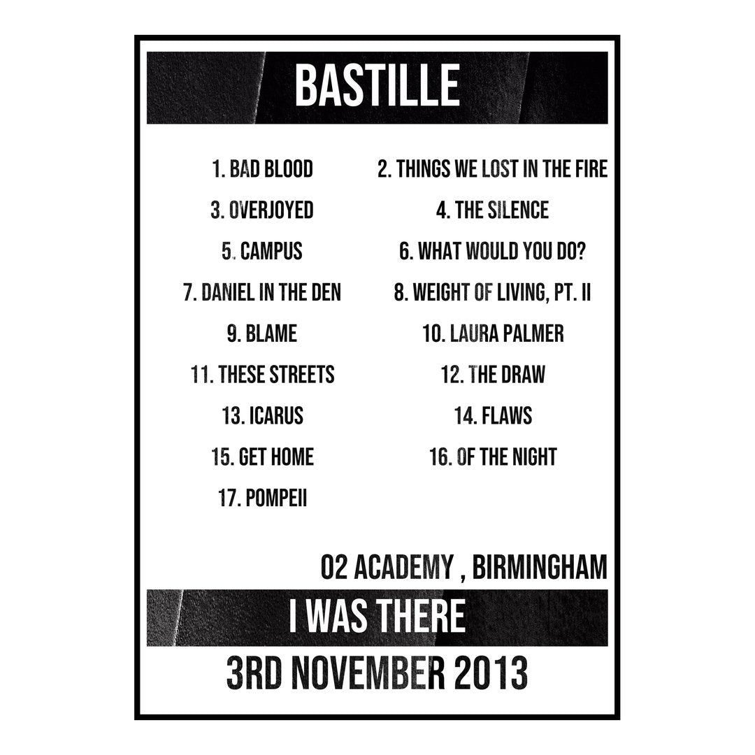 Bastille Birmingham 3rd November 2013 Setlist poster