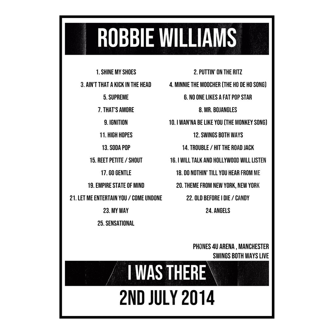 Robbie Williams Manchester 2nd July 2014 Setlist poster