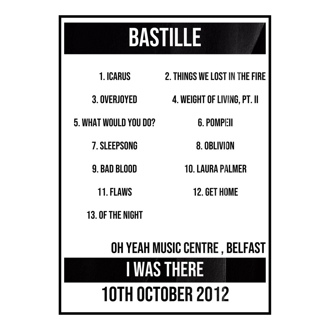 Bastille Belfast 10th October 2012 Setlist poster