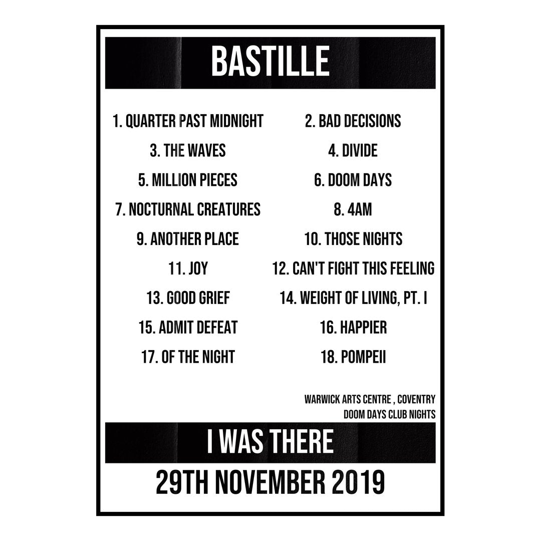 Bastille Coventry 29th November 2019 Setlist poster