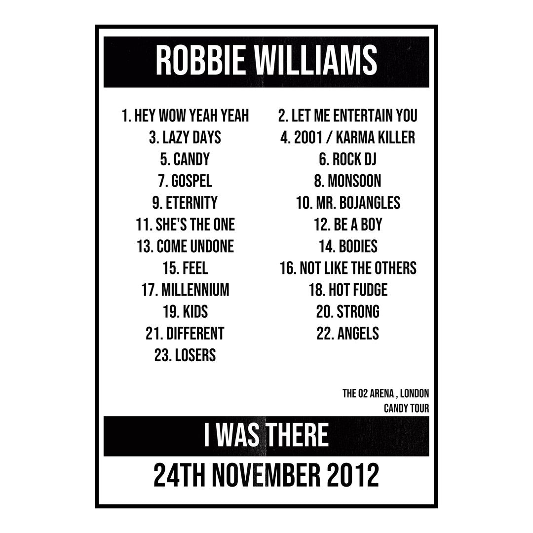 Robbie Williams London 24th November 2012 Setlist poster