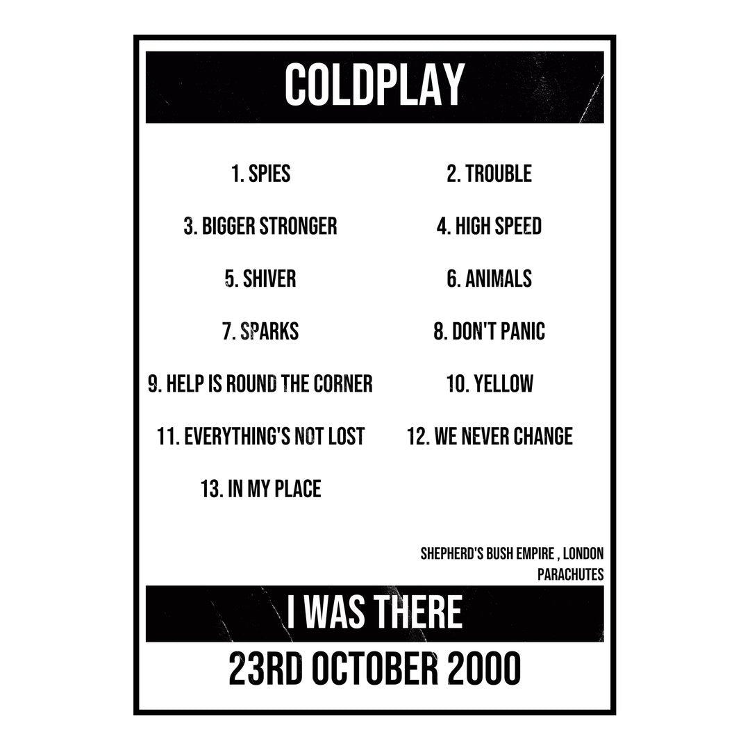 Coldplay London 23rd October 2000 Setlist poster