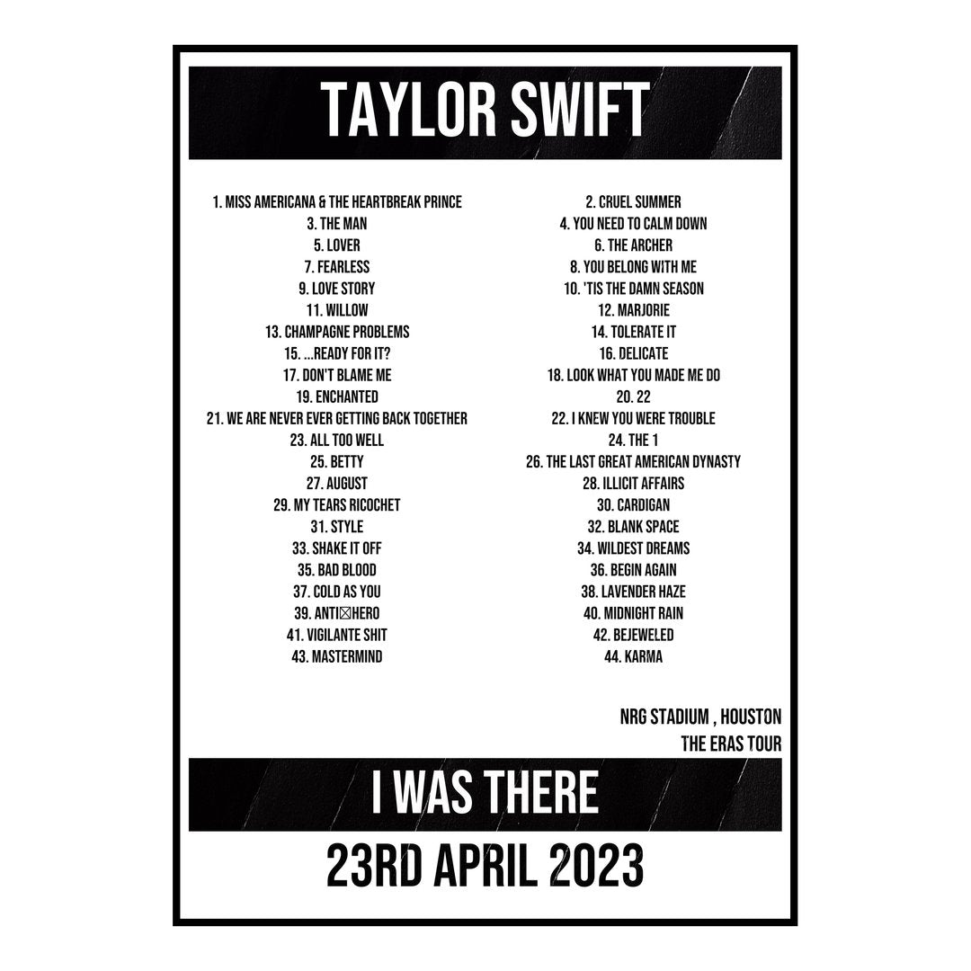 Taylor Swift Houston 23rd April 2023 Setlist poster