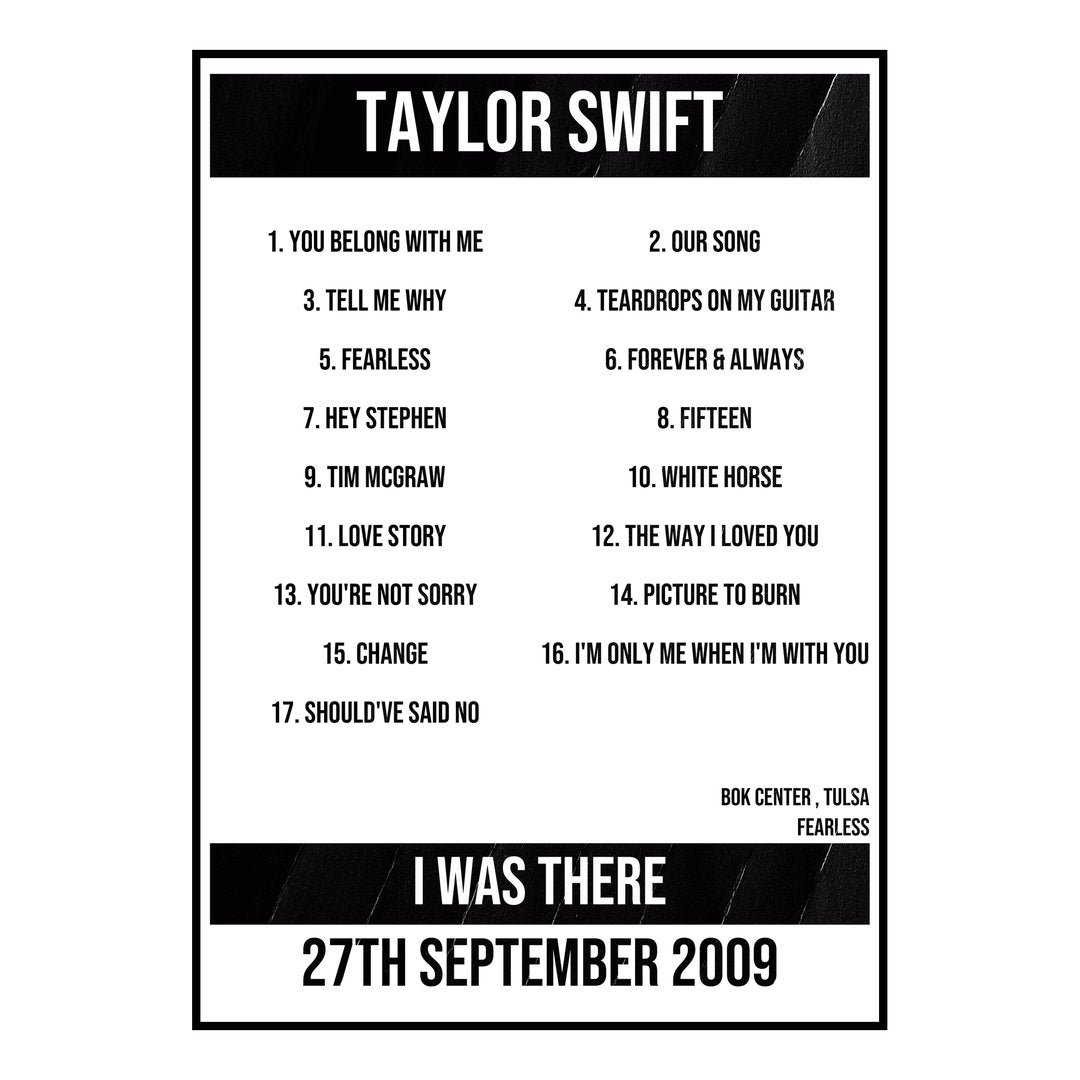 Taylor Swift Tulsa 27th September 2009 Setlist poster