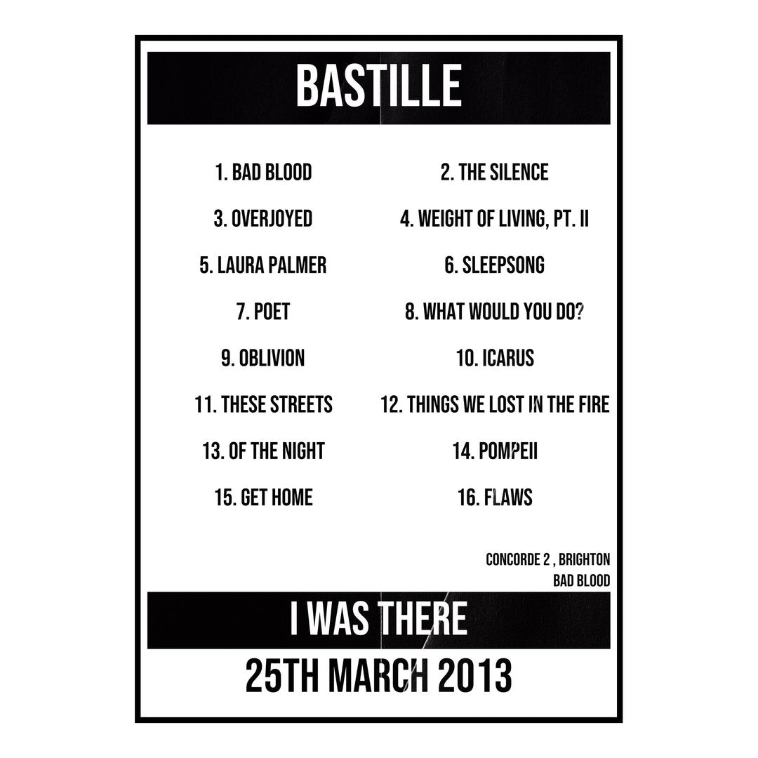 Bastille Brighton 25th March 2013 Setlist poster