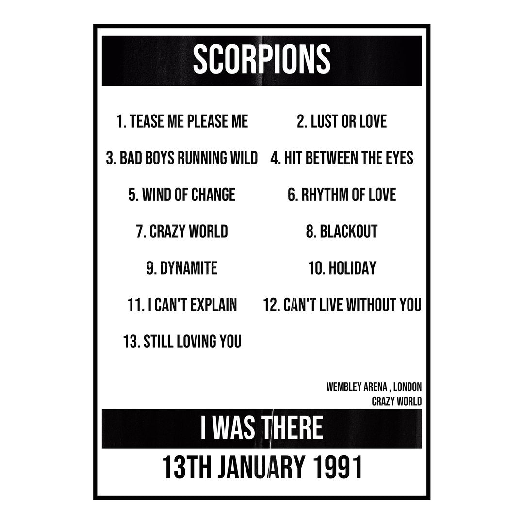 Scorpions London 13th January 1991 Setlist poster