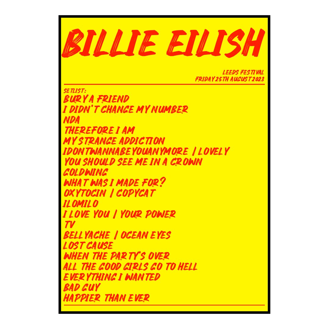 Billie Eilish Bramham 25th August 2023 Setlist poster