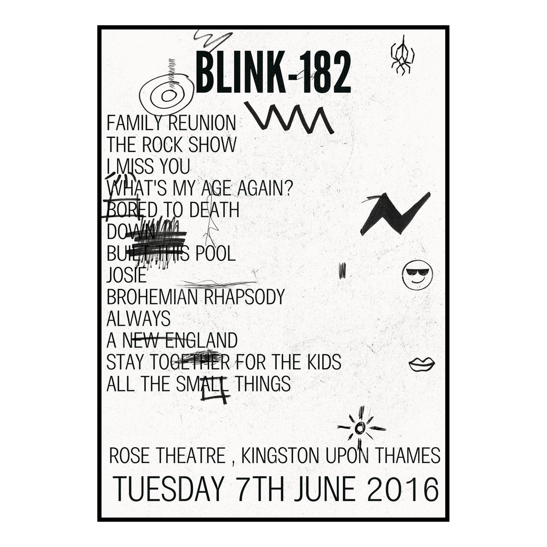 blink‐182 Kingston upon Thames 7th June 2016 Setlist poster