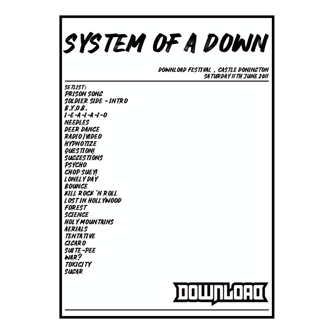 System of a Down Castle Donington 11th June 2011 Setlist poster
