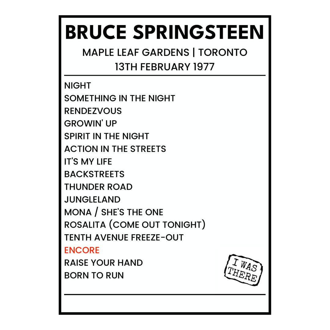 Bruce Springsteen Toronto 13th February 1977 Setlist poster