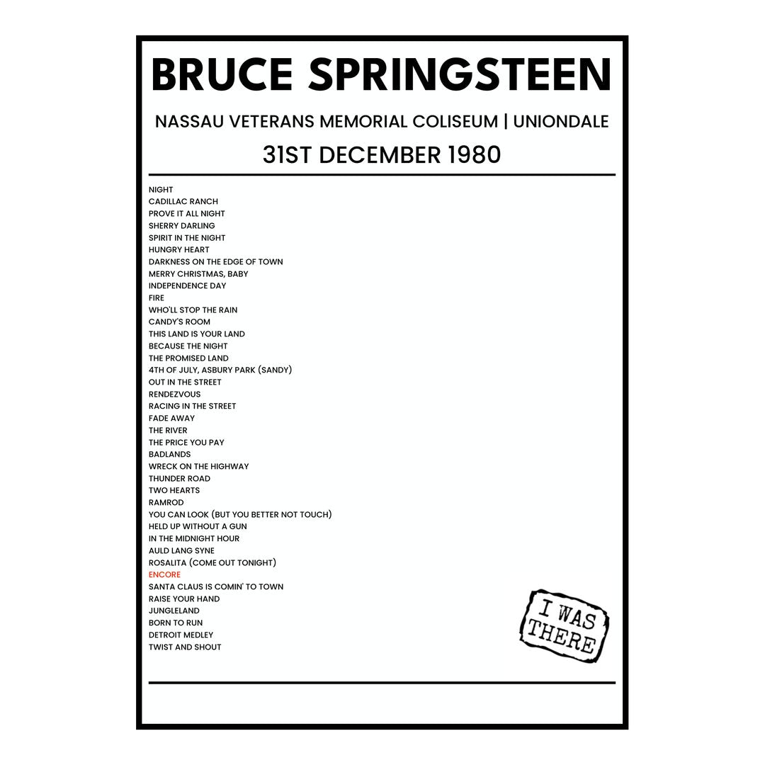 Bruce Springsteen Uniondale 31st December 1980 Setlist poster