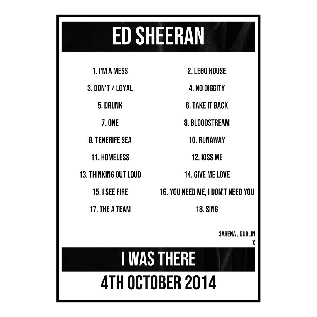Ed Sheeran Dublin 4th October 2014 Setlist poster