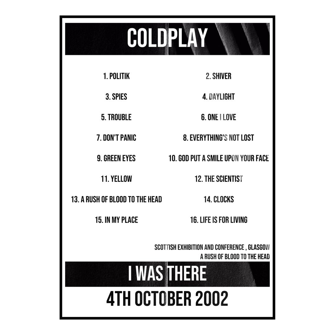 Coldplay Glasgow 4th October 2002 Setlist poster