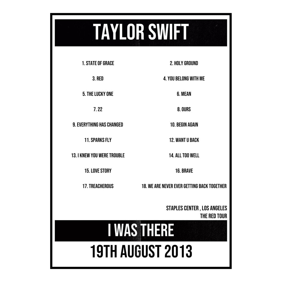 Taylor Swift Los Angeles 19th August 2013 Setlist poster