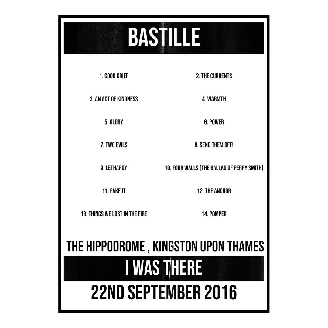 Bastille Kingston upon Thames 22nd September 2016 Setlist poster