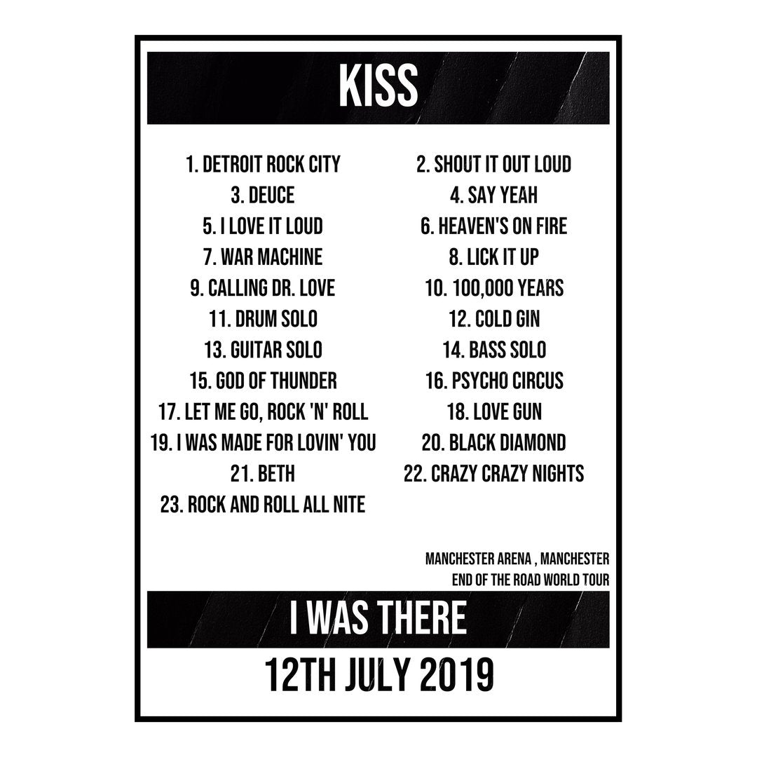 KISS Manchester 12th July 2019 Setlist poster