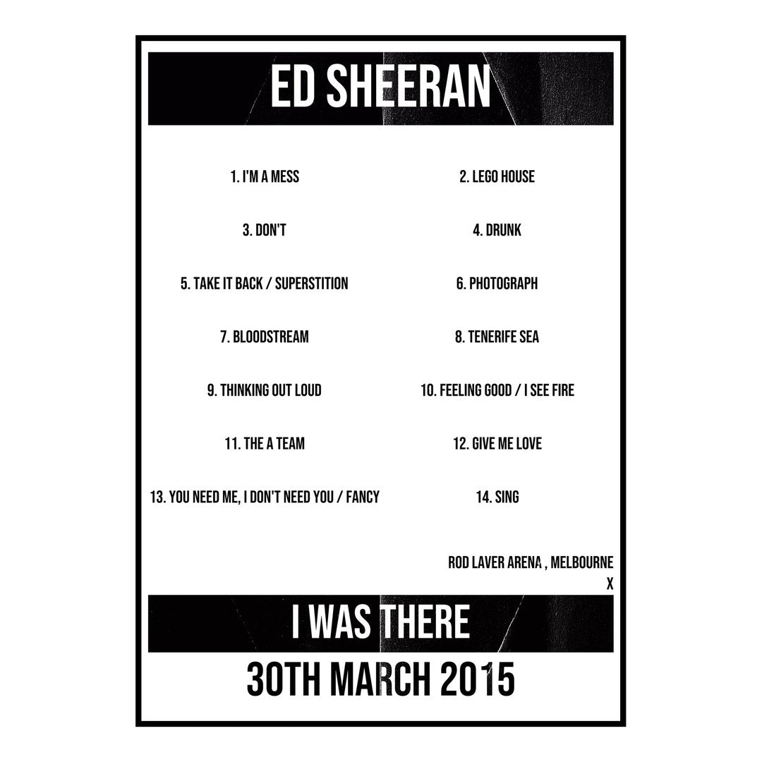 Ed Sheeran Melbourne 30th March 2015 Setlist poster
