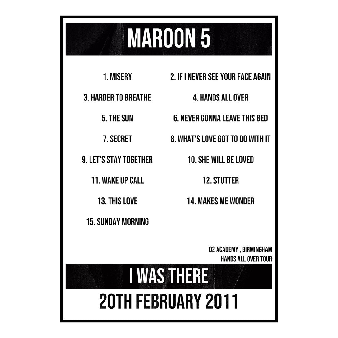 Maroon 5 Birmingham 20th February 2011 Setlist poster