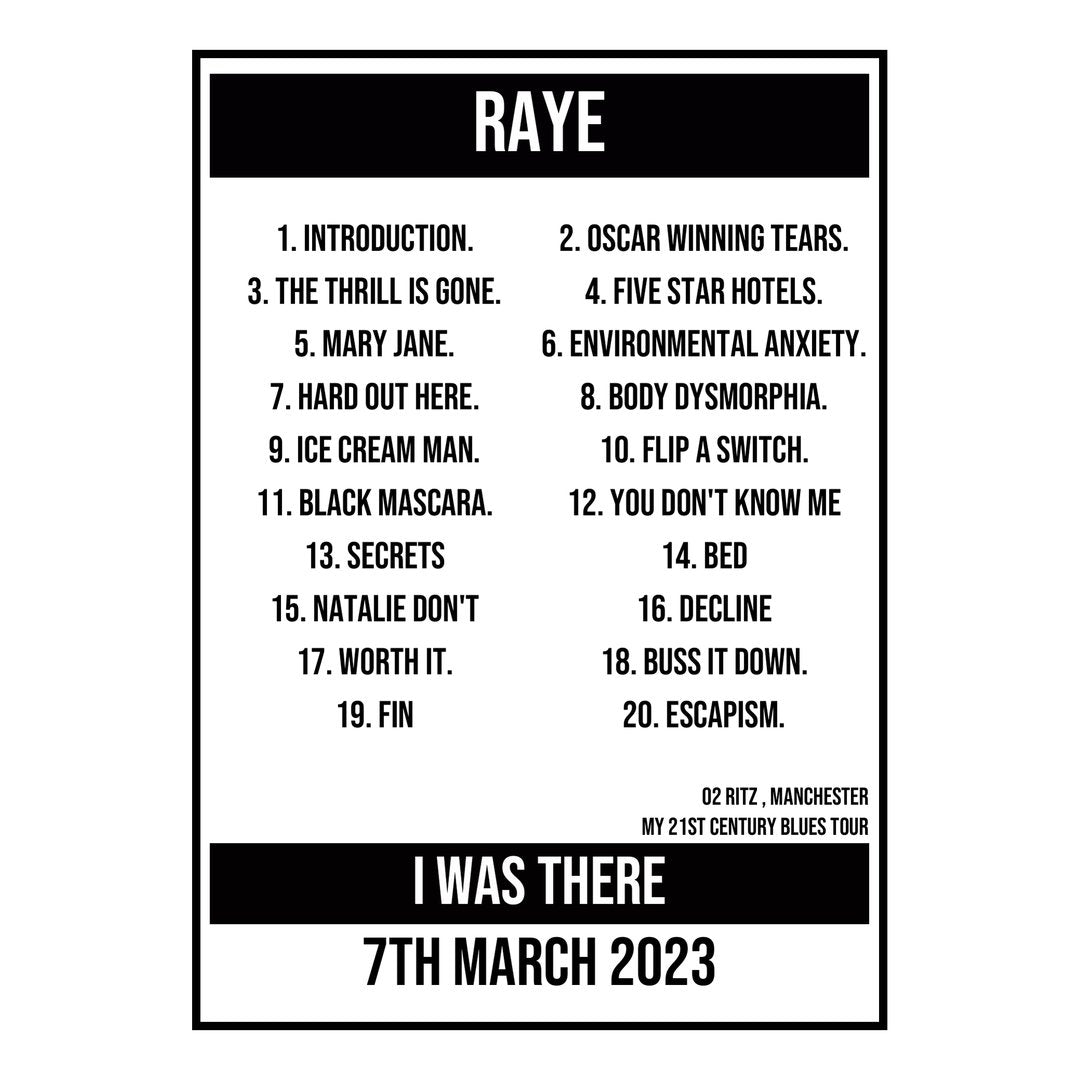 A Setlist Poster Featuring RAYE Gig from Manchester in 2023