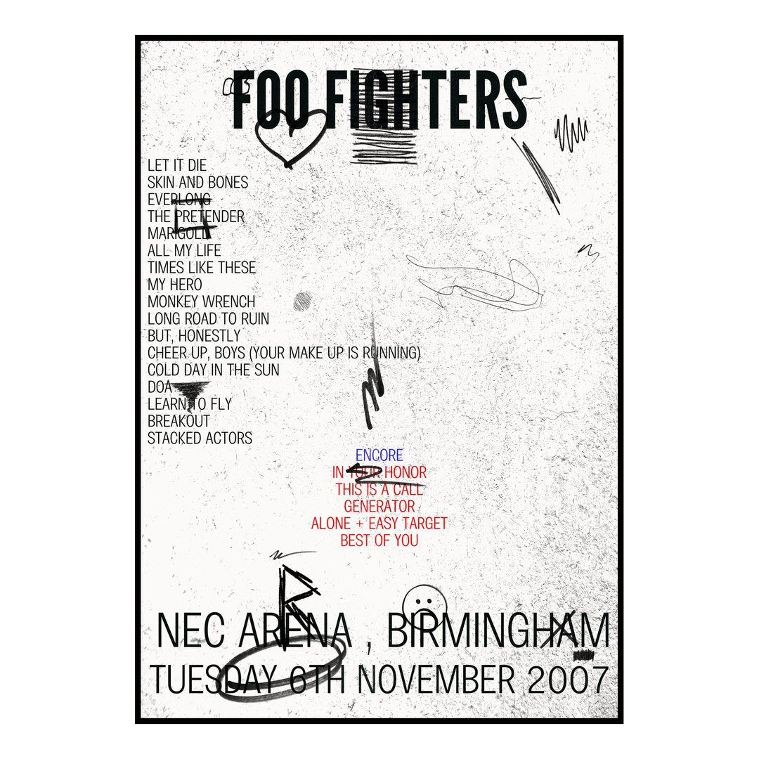 Foo Fighters Birmingham 6th November 2007 Setlist poster