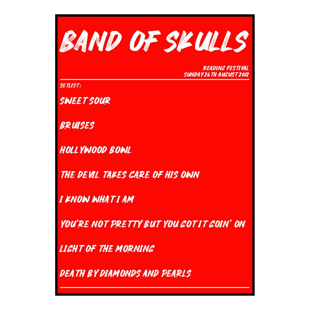 Band of Skulls Reading 26th August 2012 Setlist poster