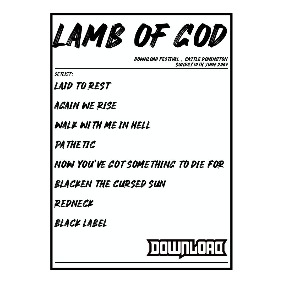 Lamb of God Castle Donington 10th June 2007 Setlist poster