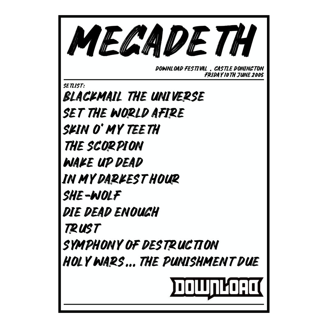 Megadeth Castle Donington 10th June 2005 Setlist poster