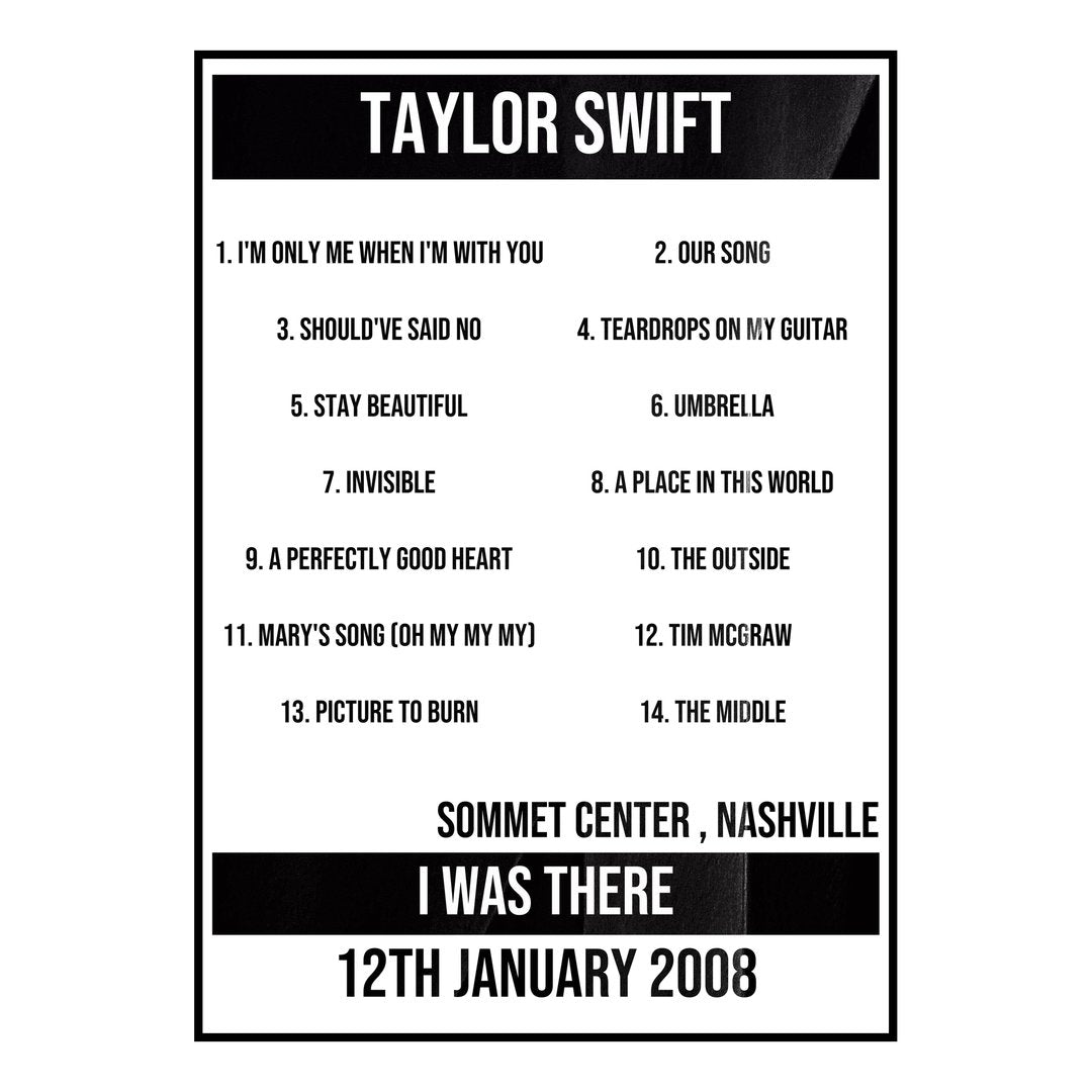 Taylor Swift Nashville 12th January 2008 Setlist poster
