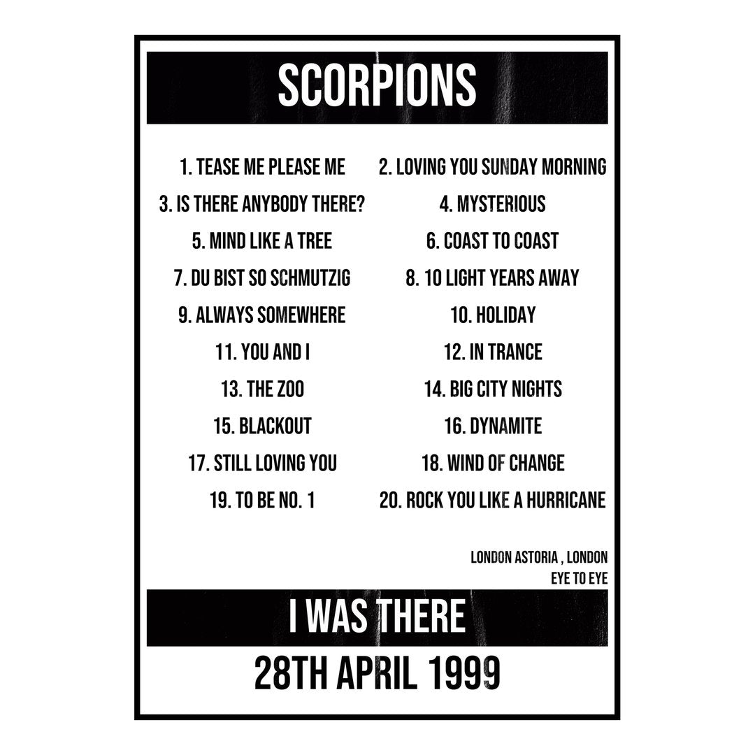 Scorpions London 28th April 1999 Setlist poster