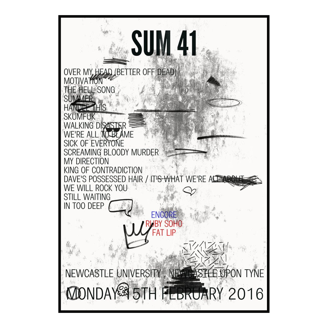 Sum 41 Newcastle upon Tyne 15th February 2016 Setlist poster