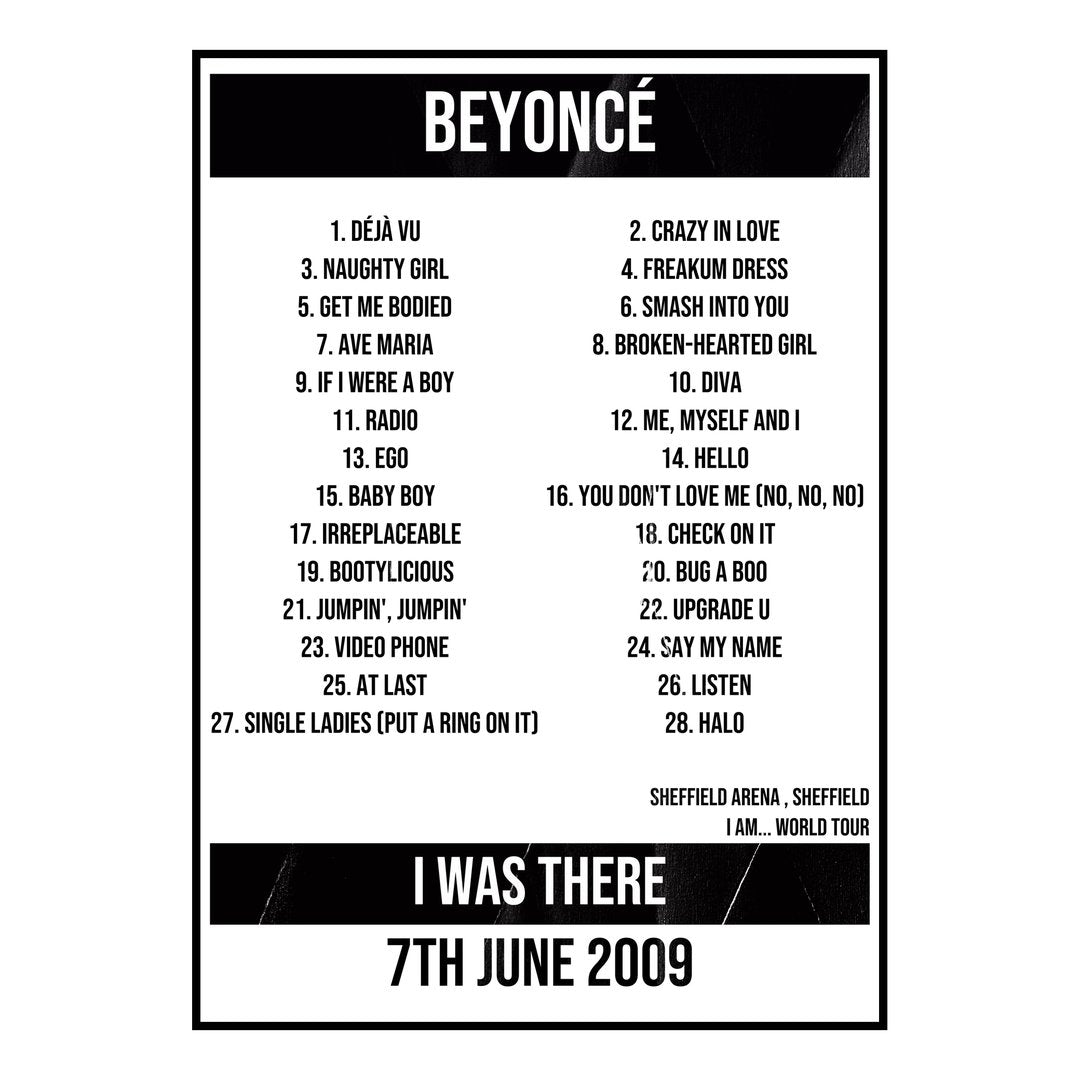 Beyoncé Sheffield 7th June 2009 Setlist poster