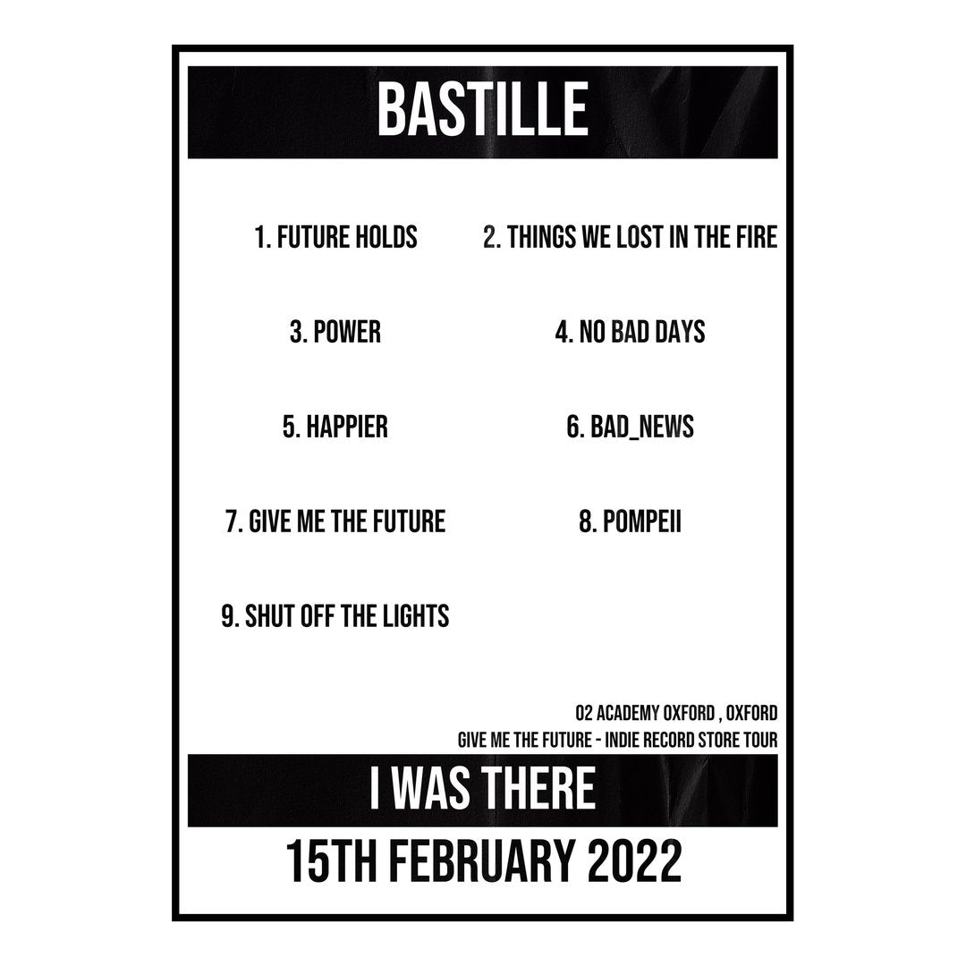 Bastille Oxford 15th February 2022 Setlist poster