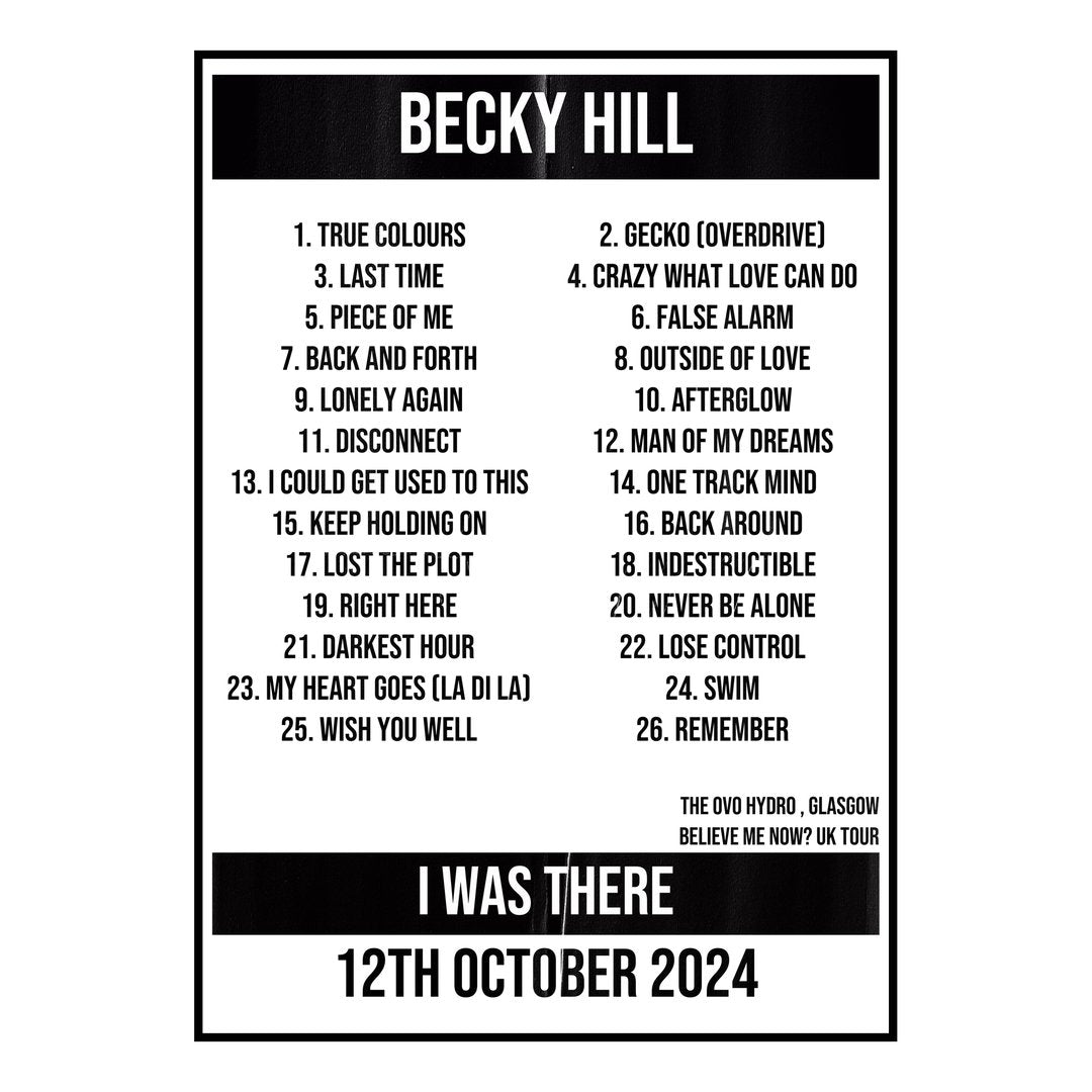 Becky Hill Glasgow 12th October 2024 Setlist poster