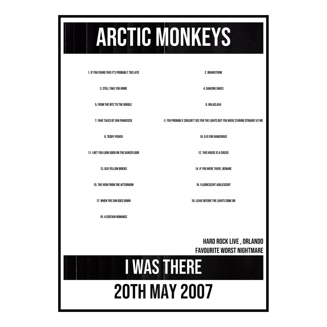 Arctic Monkeys Orlando 20th May 2007 Setlist poster