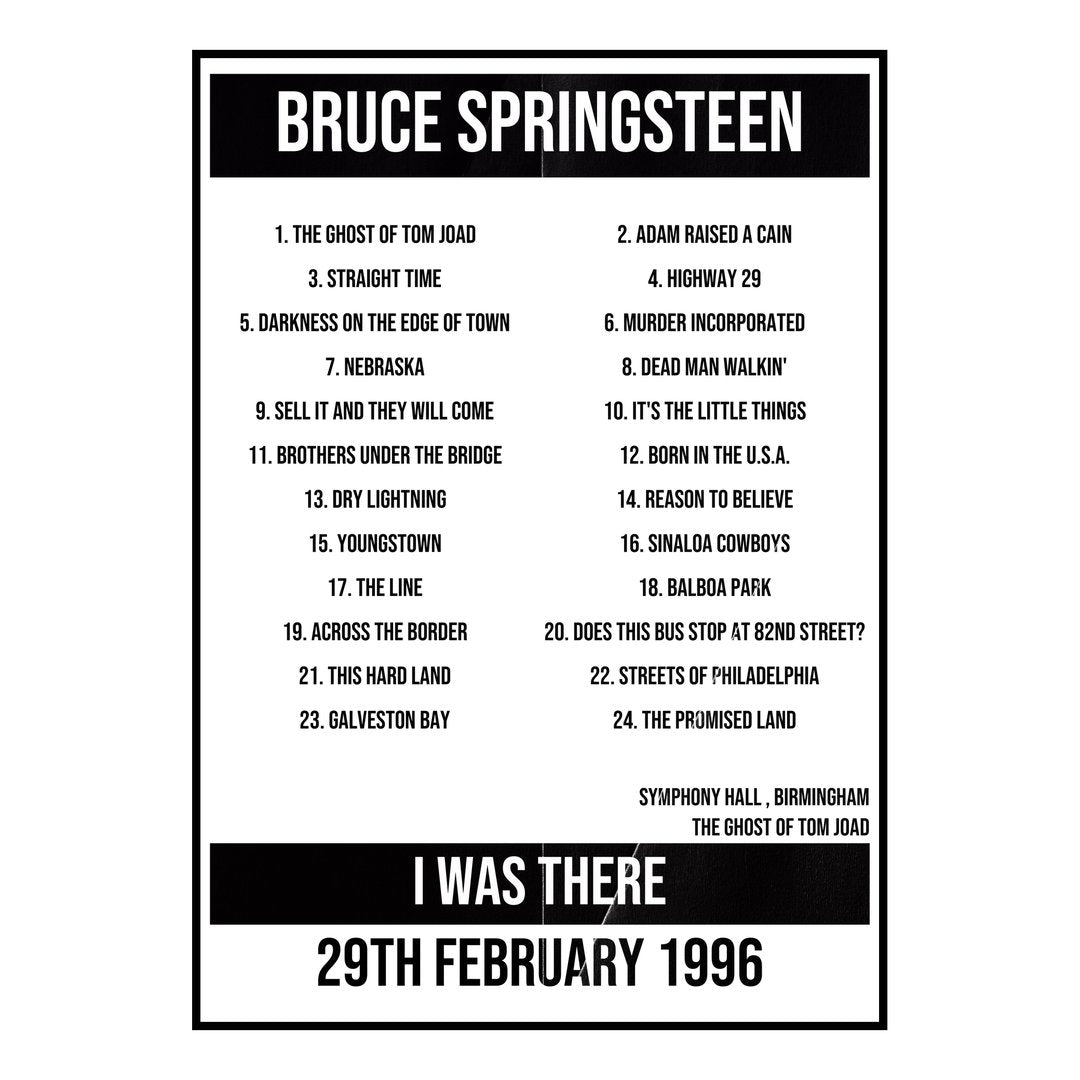 Bruce Springsteen Birmingham 29th February 1996 Setlist poster